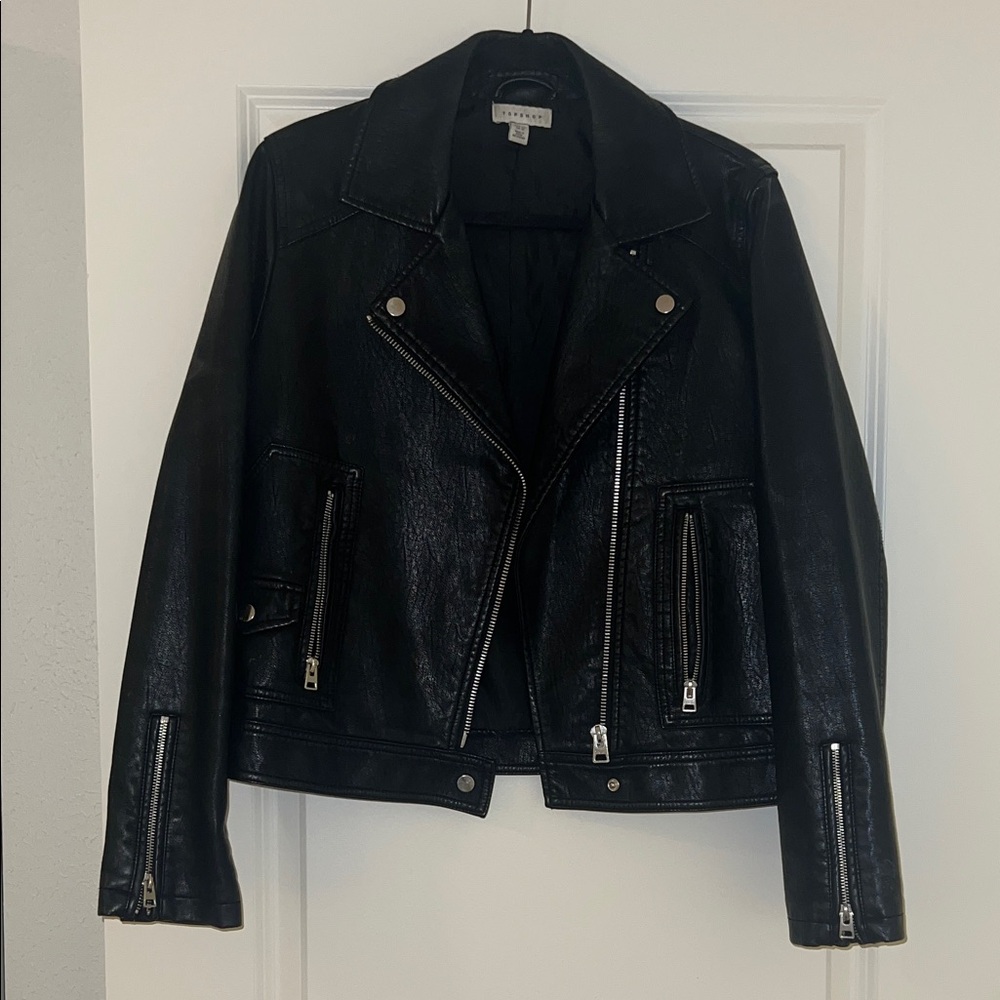Topshop Black Leather Jacket with Silver Accents